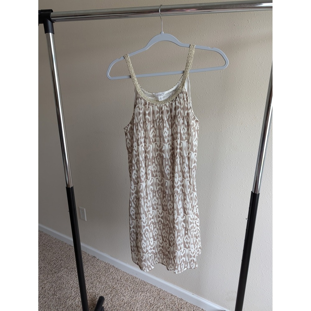Charming Charlie Tan White Ikat Geometric Shift Dress Gold Braided Straps Medium